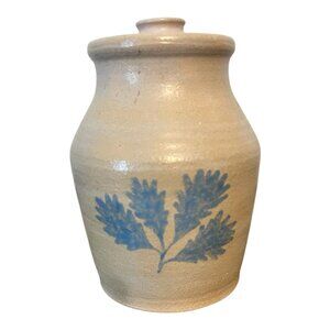 1985 Handmade Beige Stoneware Pottery Jar, Lid & Blue Floral Design Signed 7"